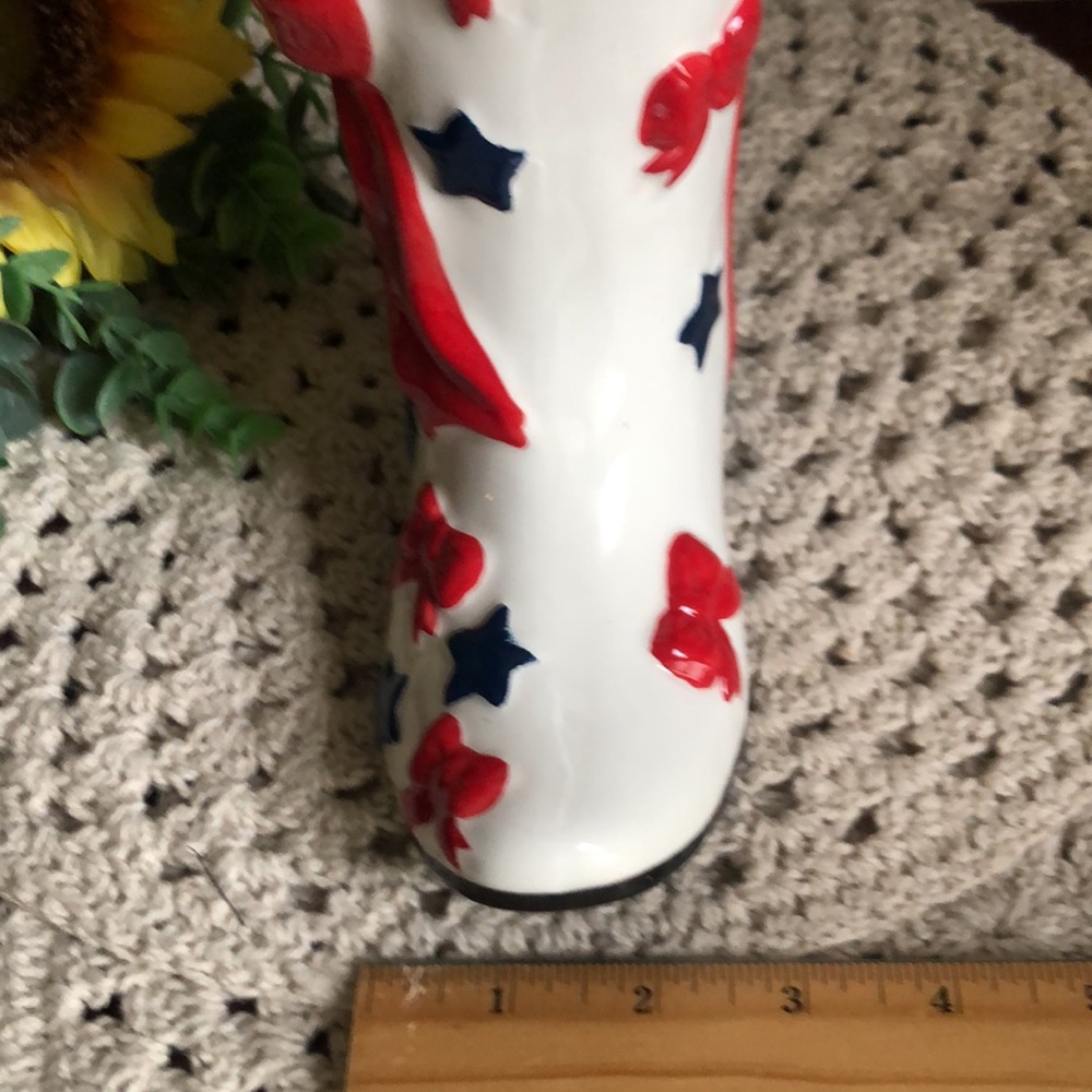 Decorative White Ceramic Cowboy Patriotic Boot with Red Bows and Blue Stars - Picture 6 of 10